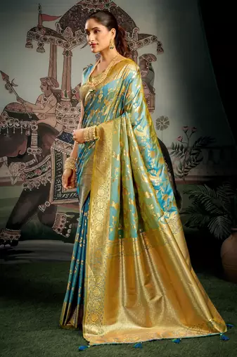 Turquoise premium soft silk zari woven saree with blouse
