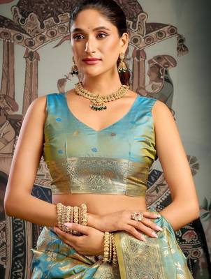 Turquoise premium soft silk zari woven saree with blouse 4