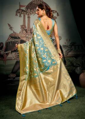 Turquoise premium soft silk zari woven saree with blouse 5