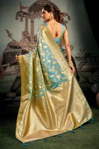 Turquoise premium soft silk zari woven saree with blouse