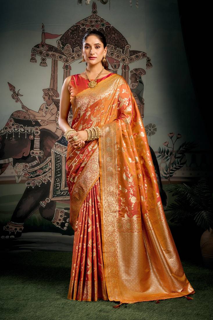 Orange premium soft silk zari woven saree with blouse