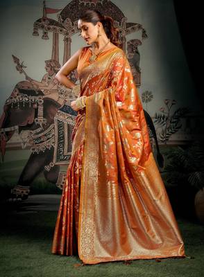 orange festive wear premium soft silk saree with zari work 3