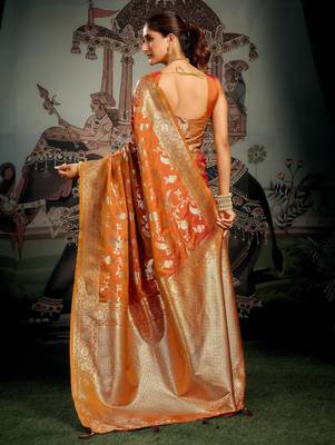 orange festive wear premium soft silk saree with zari work 5