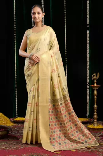 Beige soft spun cotton zari woven saree with blouse