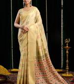 Beige soft spun cotton zari woven saree with blouse