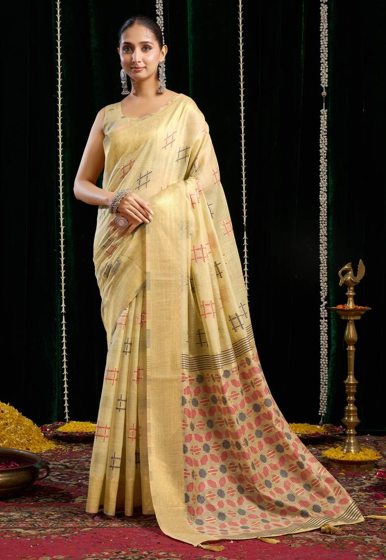 Beige soft spun cotton zari woven saree with blouse