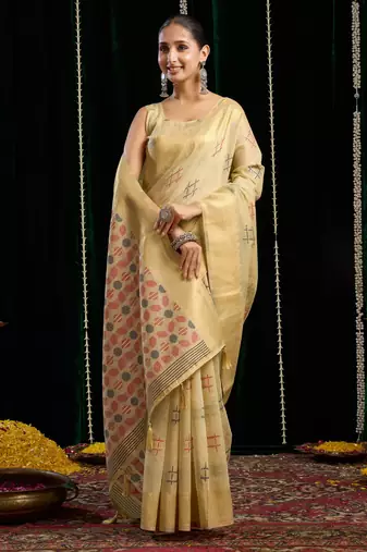 beige zari woven soft spun cotton saree