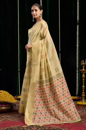 beige zari woven soft spun cotton saree