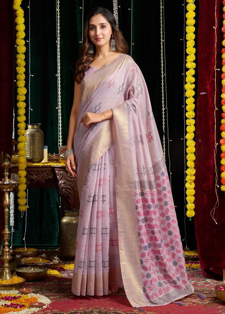 Purple soft spun cotton zari woven saree with blouse