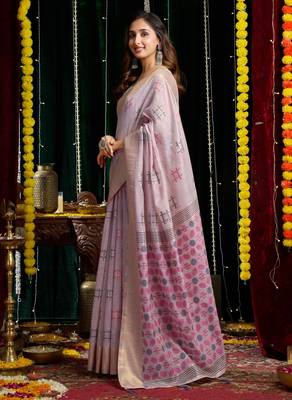 Purple soft spun cotton zari woven saree with blouse 3