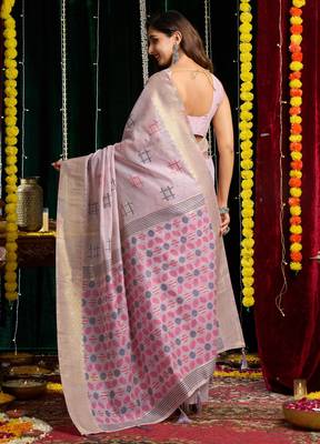 Purple soft spun cotton zari woven saree with blouse 5