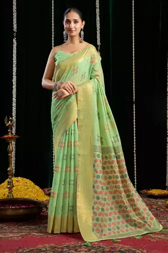 Green soft spun cotton zari woven saree with blouse