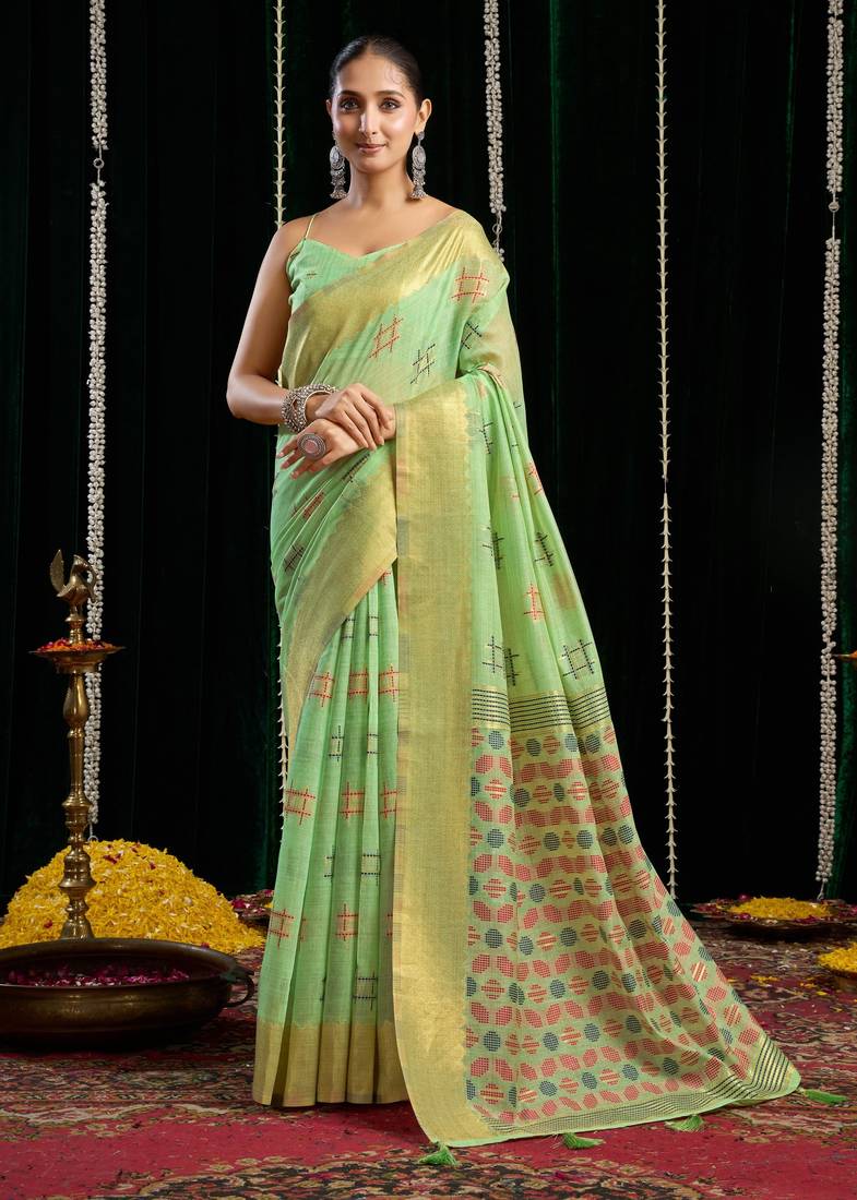 Green soft spun cotton zari woven saree with blouse