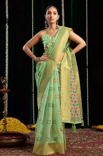 Green soft spun cotton zari woven saree with blouse