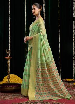 Green soft spun cotton zari woven saree with blouse 3