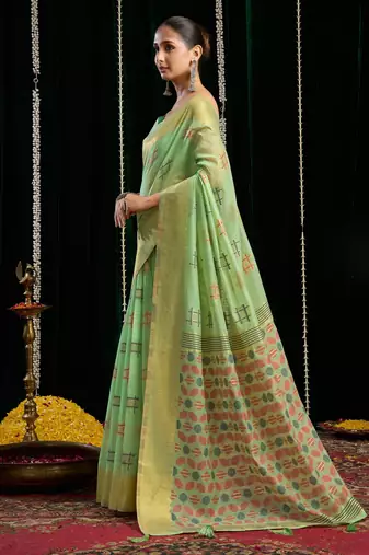 Green soft spun cotton zari woven saree with blouse