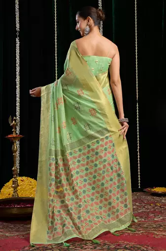Green soft spun cotton zari woven saree with blouse