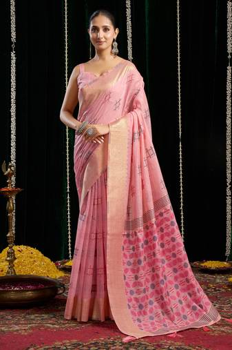 Pink soft spun cotton zari woven saree with blouse