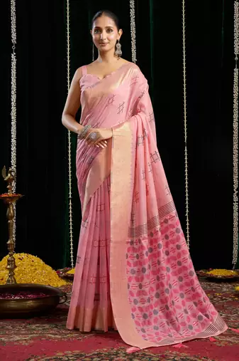 Pink soft spun cotton zari woven saree with blouse