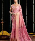 Pink soft spun cotton zari woven saree with blouse