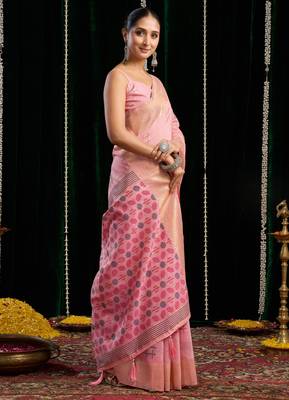 pink zari woven soft spun cotton saree 2