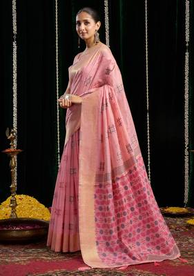 pink zari woven soft spun cotton saree 3