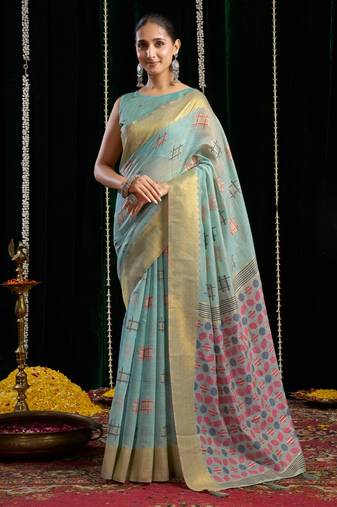 Turquoise soft spun cotton zari woven saree with blouse