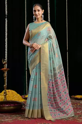 Turquoise soft spun cotton zari woven saree with blouse