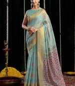 Turquoise soft spun cotton zari woven saree with blouse