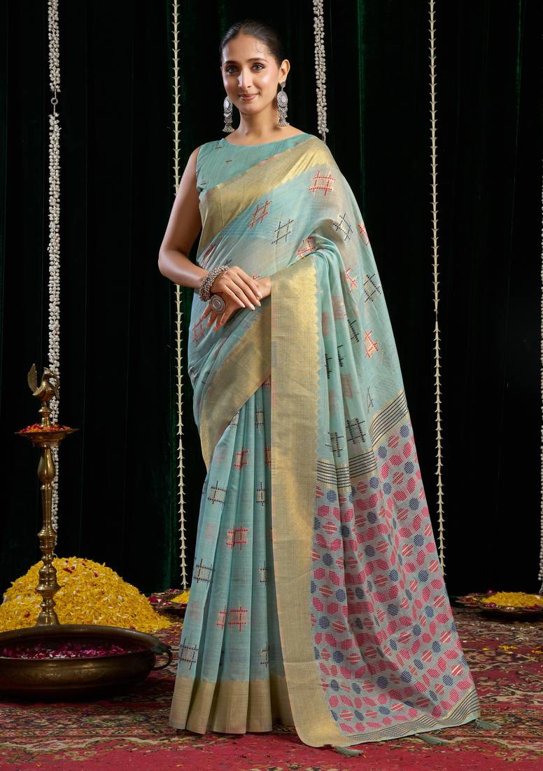 Turquoise soft spun cotton zari woven saree with blouse