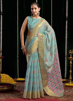Turquoise soft spun cotton zari woven saree with blouse 2