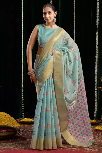 Turquoise soft spun cotton zari woven saree with blouse