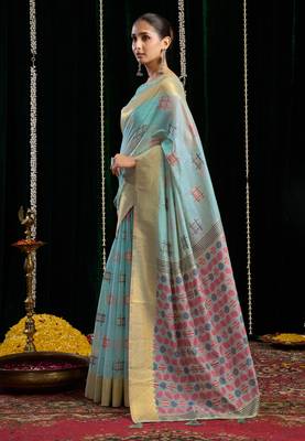 Turquoise soft spun cotton zari woven saree with blouse 3