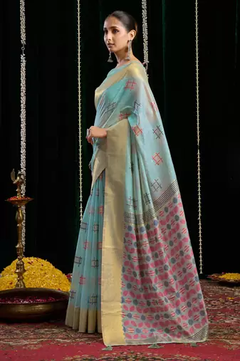 Turquoise soft spun cotton zari woven saree with blouse