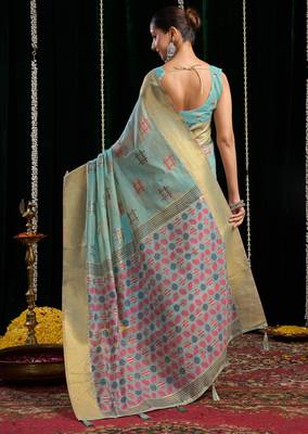 Turquoise soft spun cotton zari woven saree with blouse 5