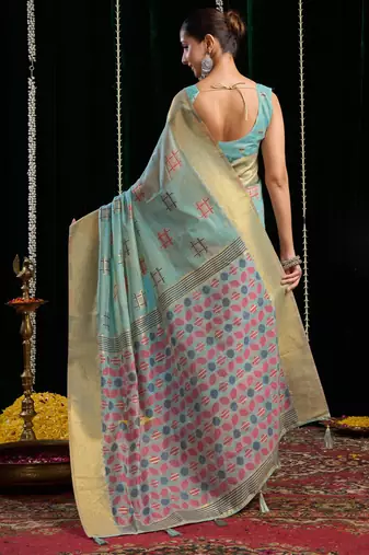 Turquoise soft spun cotton zari woven saree with blouse