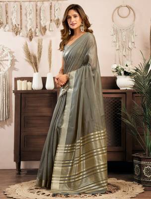 Grey khadi cotton zari woven saree with blouse 3