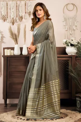 Grey khadi cotton zari woven saree with blouse
