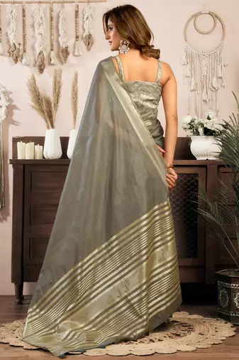 Grey khadi cotton zari woven saree with blouse