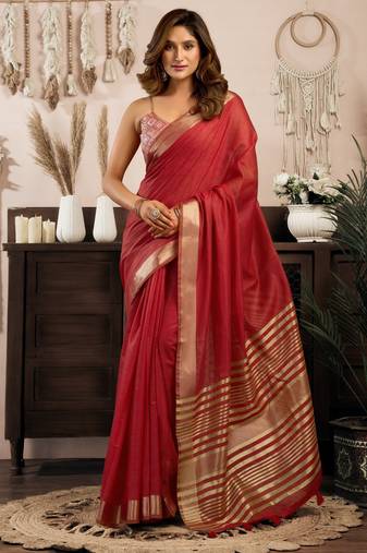 Maroon khadi cotton zari woven saree with blouse