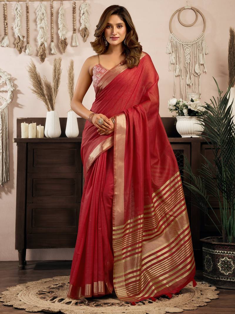 Maroon khadi cotton zari woven saree with blouse