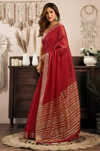 maroon zari woven khadi cotton saree