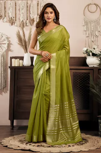 Green khadi cotton zari woven saree with blouse