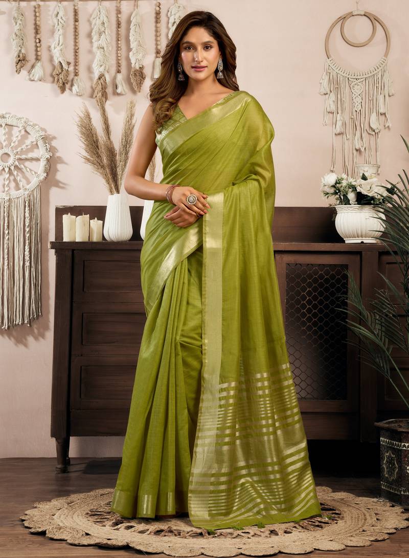 Green khadi cotton zari woven saree with blouse
