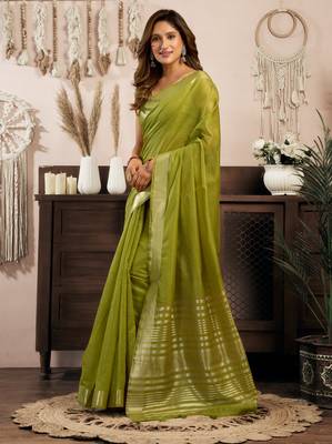 green zari woven khadi cotton saree 3