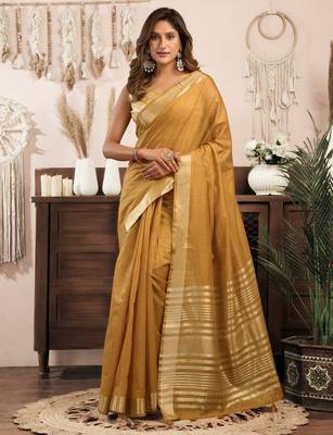 Mustard khadi cotton zari woven saree with blouse 1