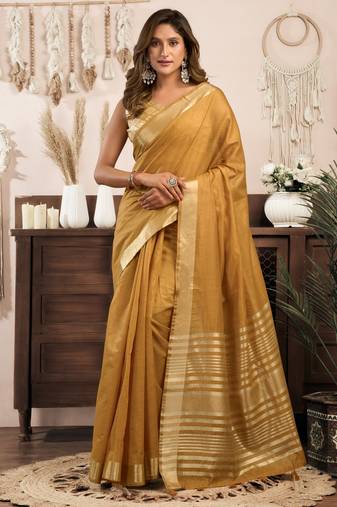 Mustard khadi cotton zari woven saree with blouse