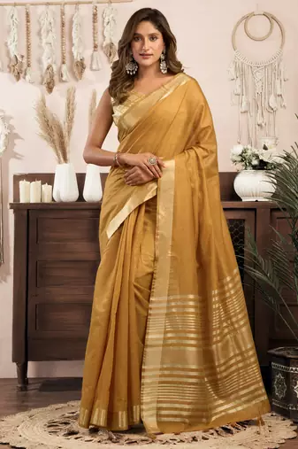 Mustard khadi cotton zari woven saree with blouse
