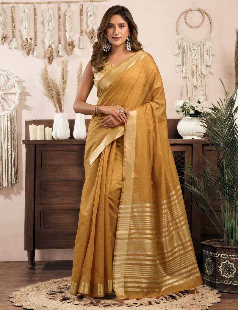 Mustard khadi cotton zari woven saree with blouse