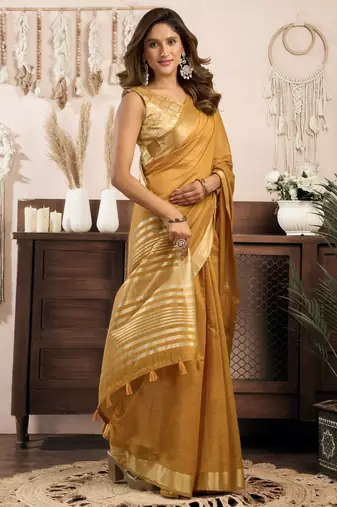 Mustard khadi cotton zari woven saree with blouse